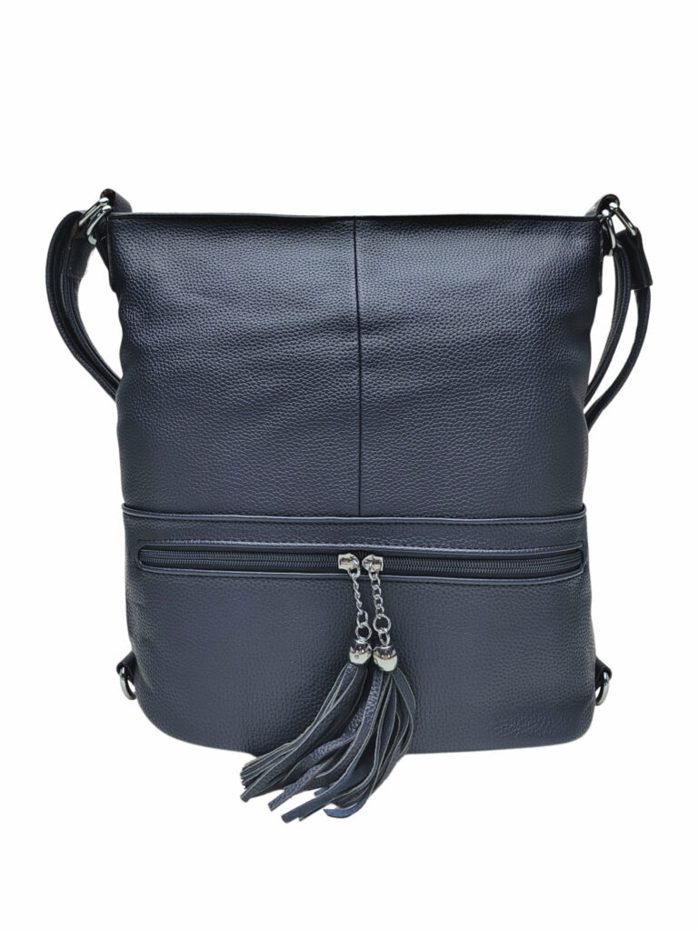 Stylový tmavě modrý kabelko-batoh 2v1 s třásněmi