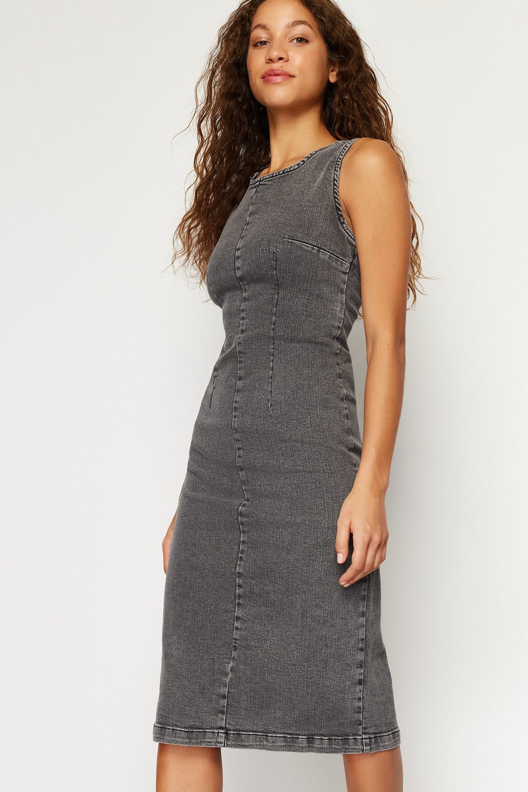 Trendyol Anthracite Fitted Maxi Denim Dress