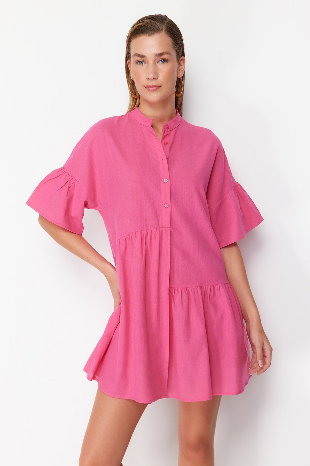 Trendyol Pink Wide Fit Mini Woven Ruffle Beach Dress