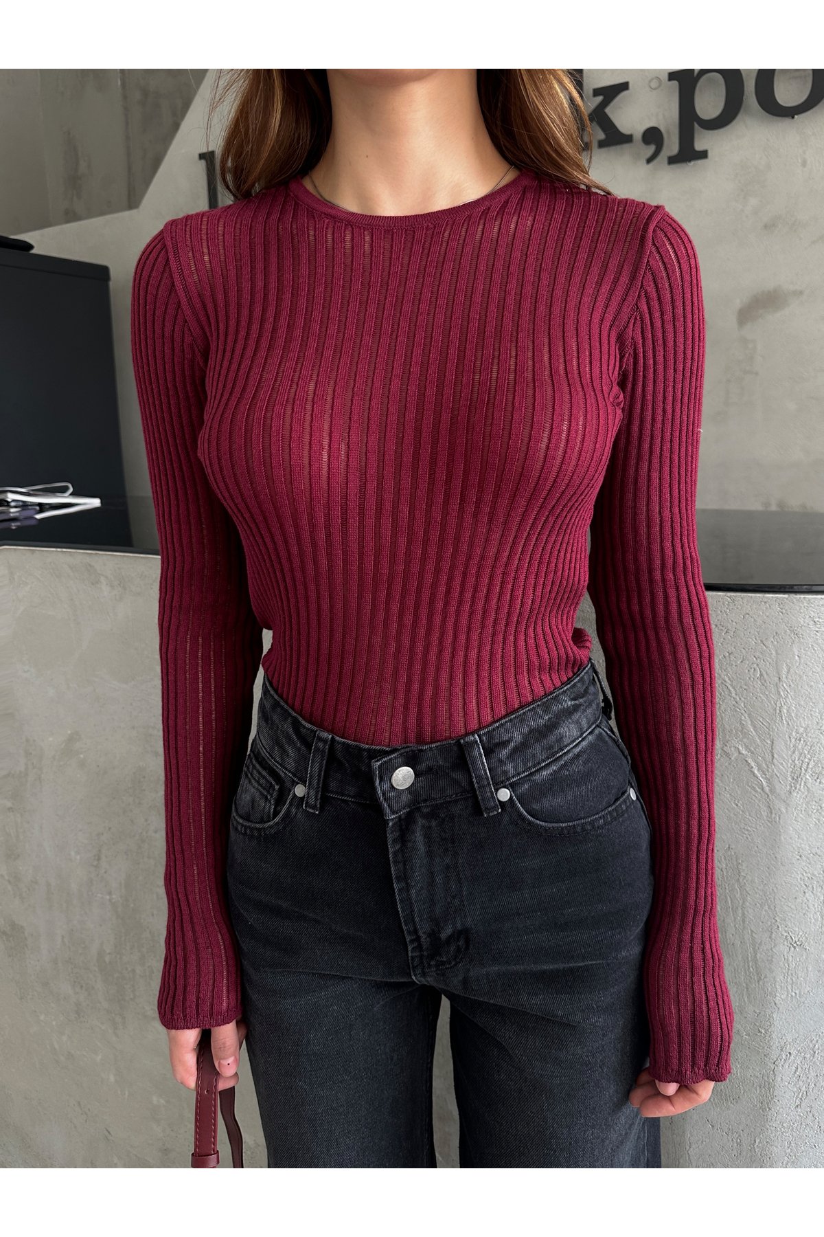 Laluvia Burgundy Crew Neck Sheer Tulle Knitted Blouse