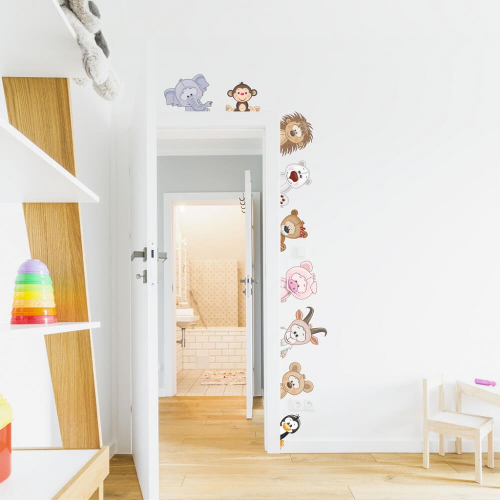 INSPIO samolepky na zeď - Zvířátka z dvora kolem dveří, samolepky pro deti N.2 - 9 ks od 14 do 29 cm doleva