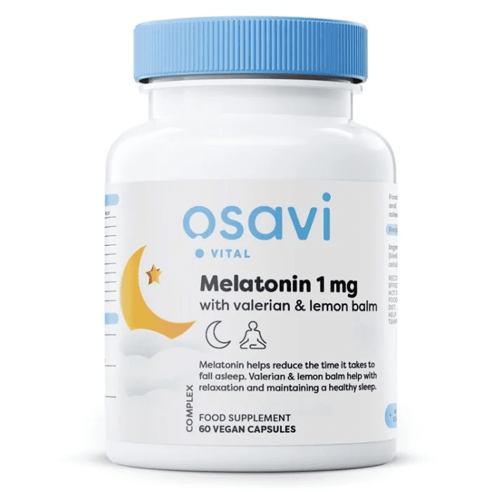 Osavi Melatonin with Valerian and Lemon Balm, Melatonin s kozlíkem lékařským a meduňkou, 1 mg, 60 rostlinných kapslí
