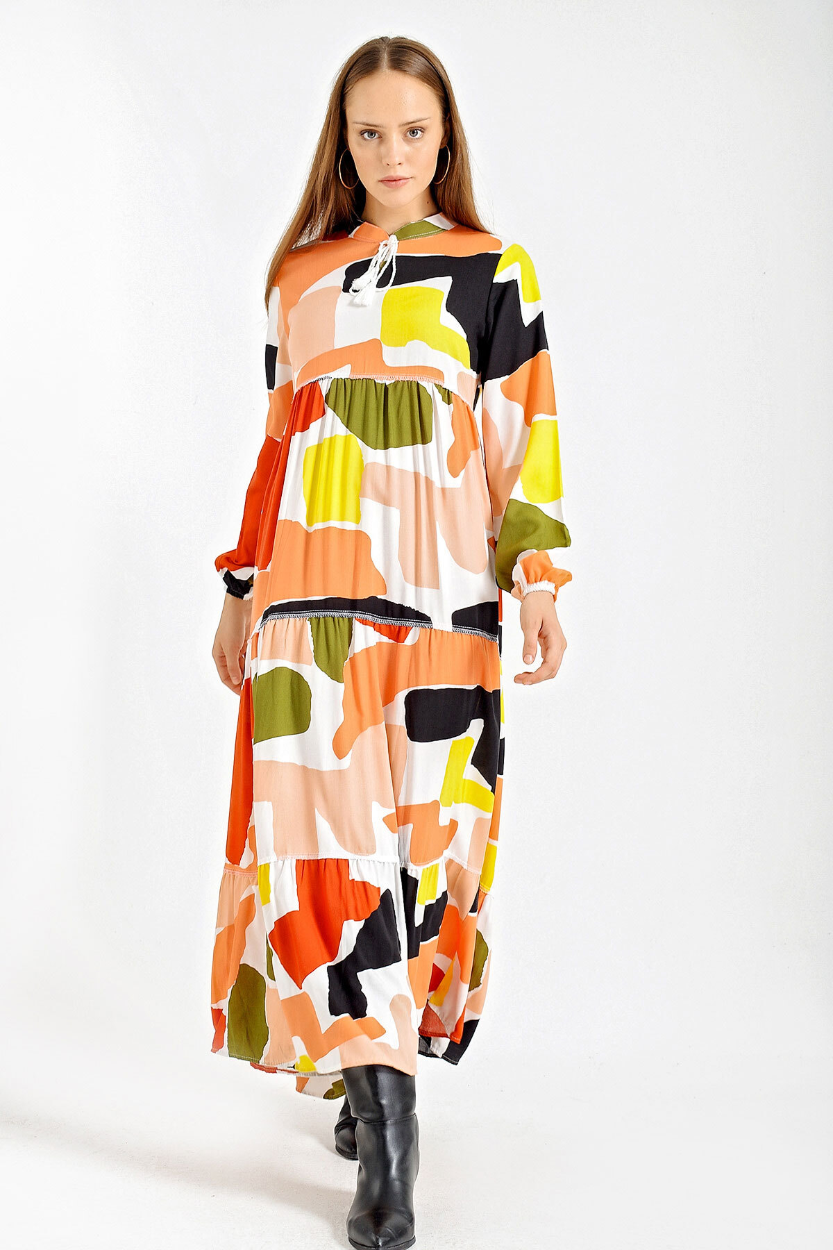 Bigdart 1627 Desert, Lace-up Hijab Dress - Saffron