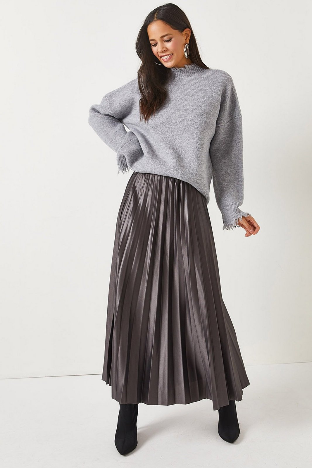 Olalook Anthracite Leather Look Pleat A-Line Skirt