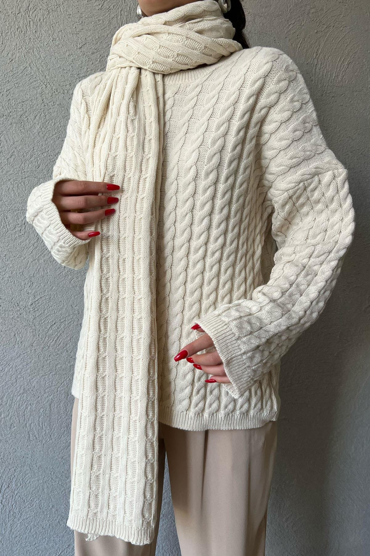 Laluvia Cream Hair Braided Shawl Knitwear Sweater