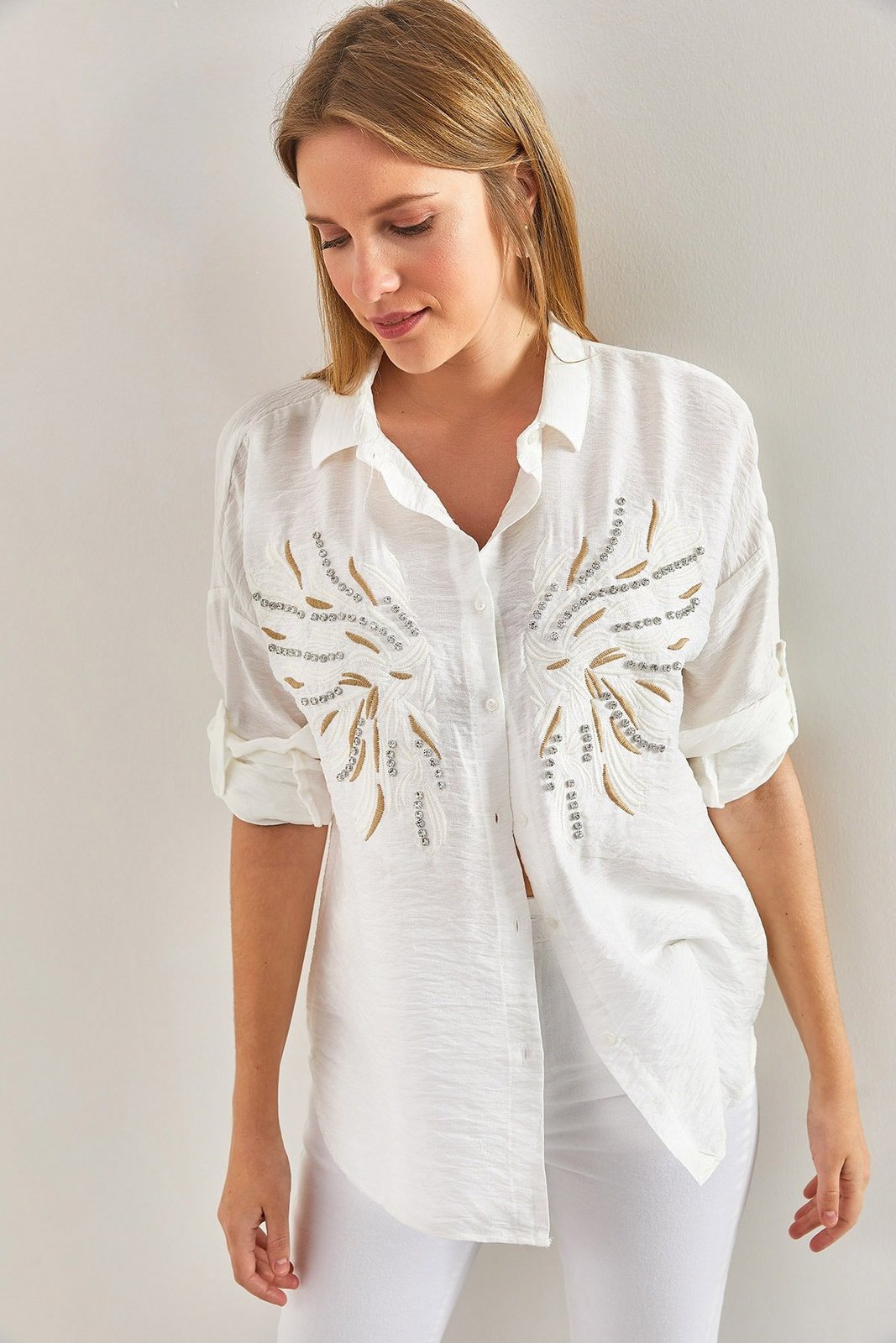 Bianco Lucci Women's Stone Embroidered Patterned Linen Ayrobin Shirt