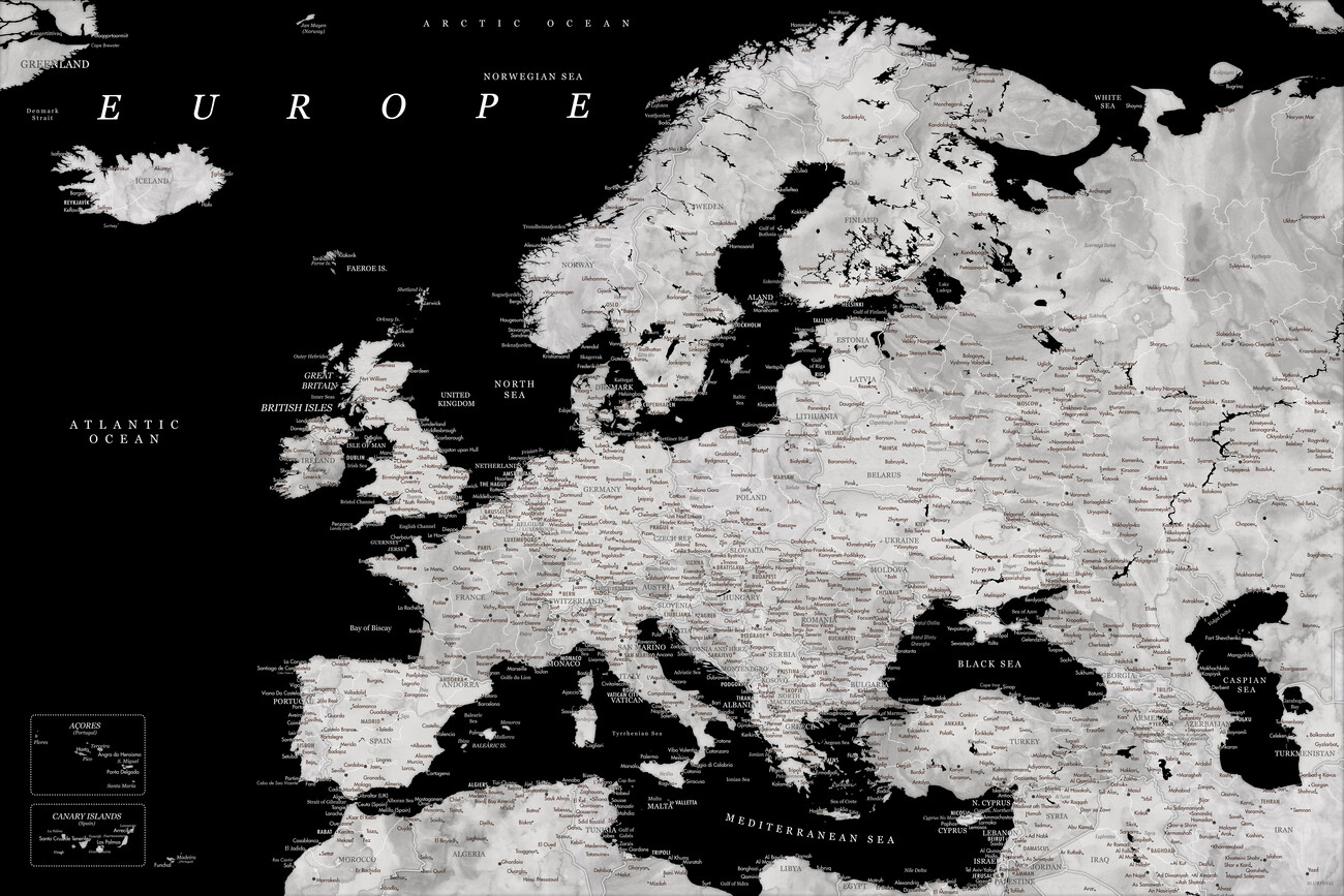 Blursbyai Mapa Black and grey detailed map of Europe in watercolor, Blursbyai, (40 x 26.7 cm)