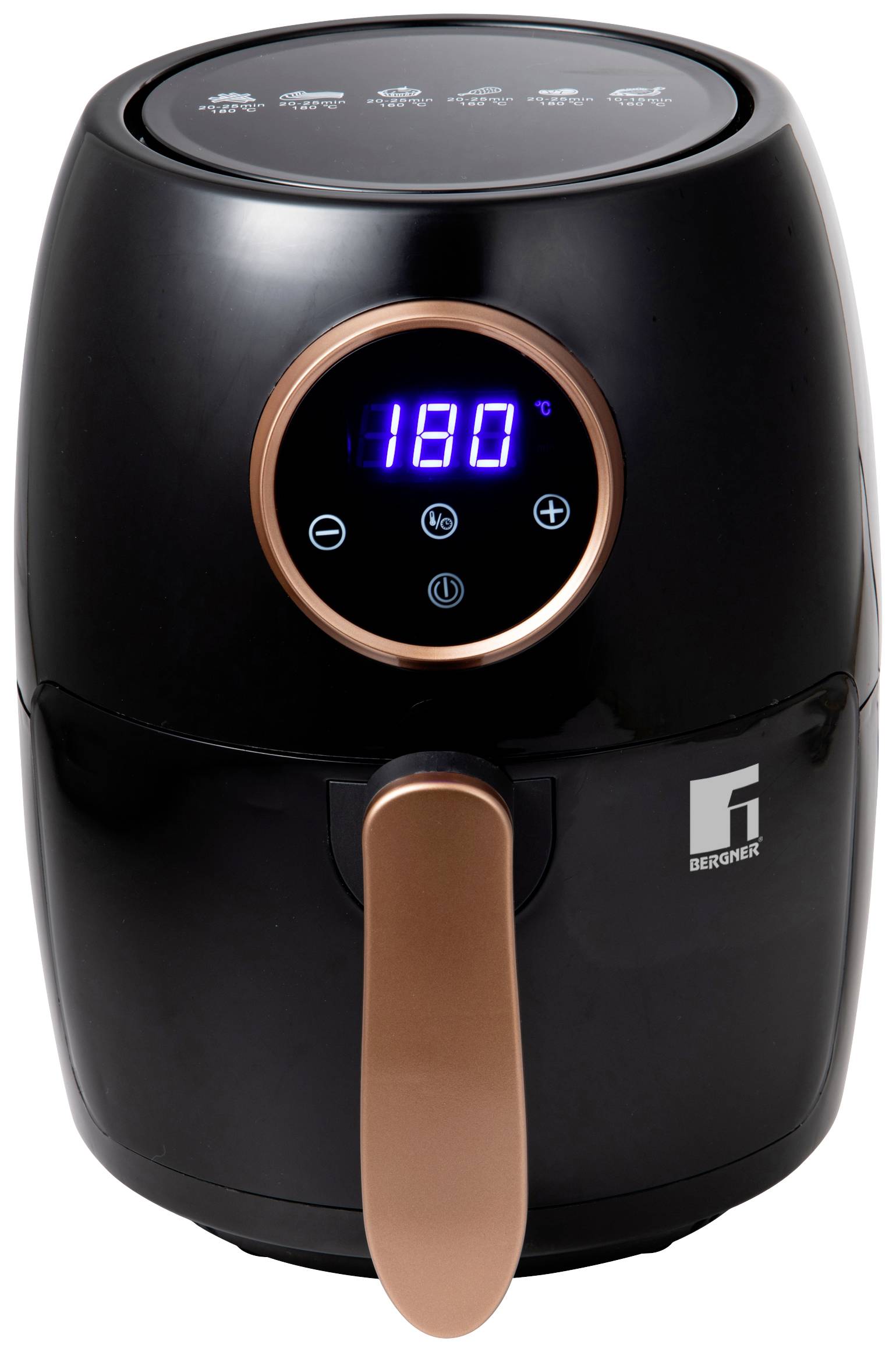 Bergner horkovzdušná fritéza, 1000 W, nepřilnavý povlak, ochrana proti přehřátí, s displejem, funkce časovače, Cool touch pouzdro, černá, měděná