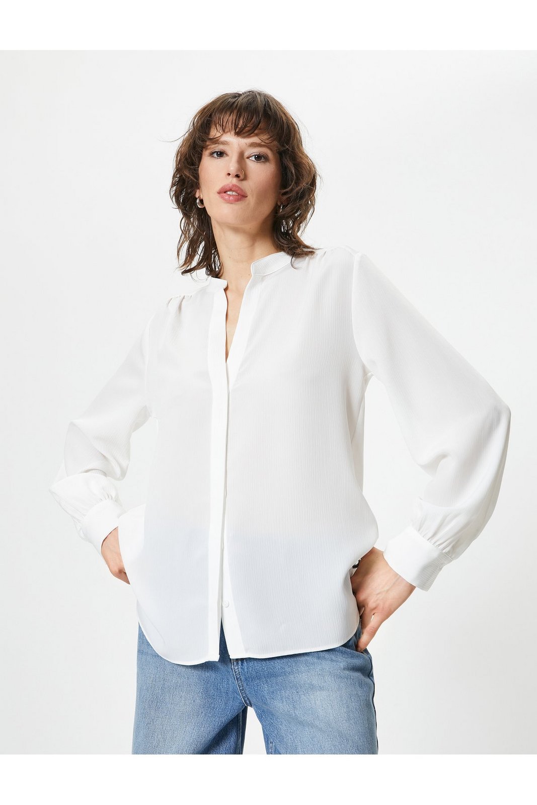 Koton Balloon Sleeve Shirt Grand Collar Buttoned