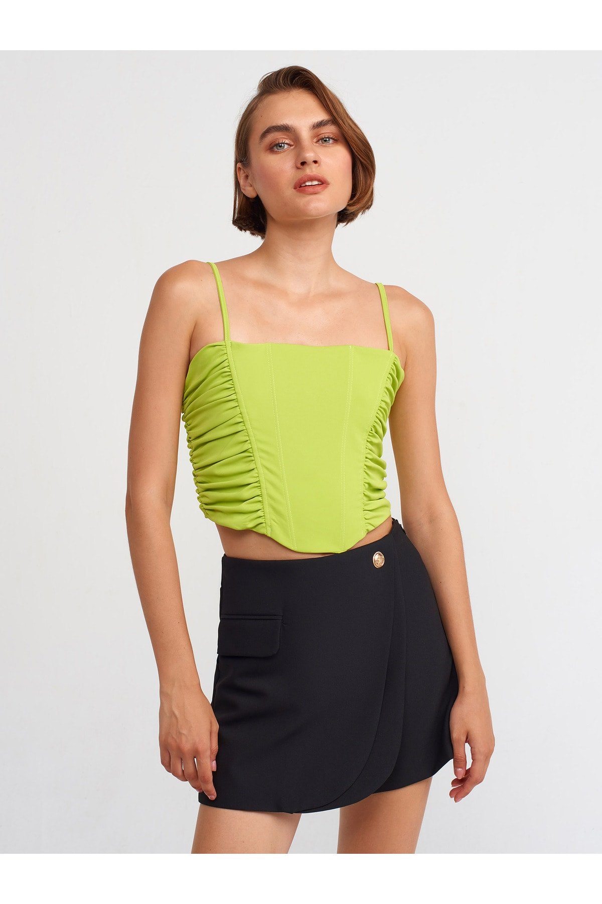 Dilvin 20129 Gathered Detailed Strap Crop Top-Lime