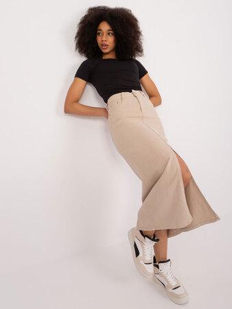 Fashionhunters Béžová midi džínová sukně s rozparkem.Velikost: 44