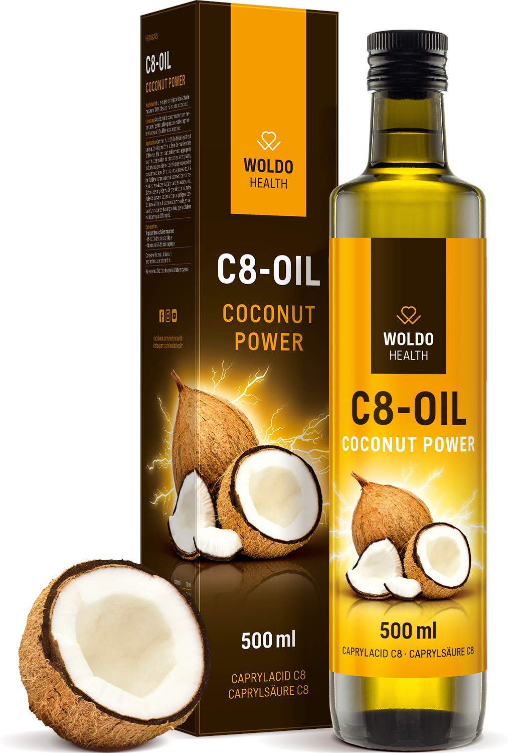 WoldoHealth® C8 MCT olej 100% kokosového oleje čistá kyselina kaprylová 500 ml - EXP 30/03/2023