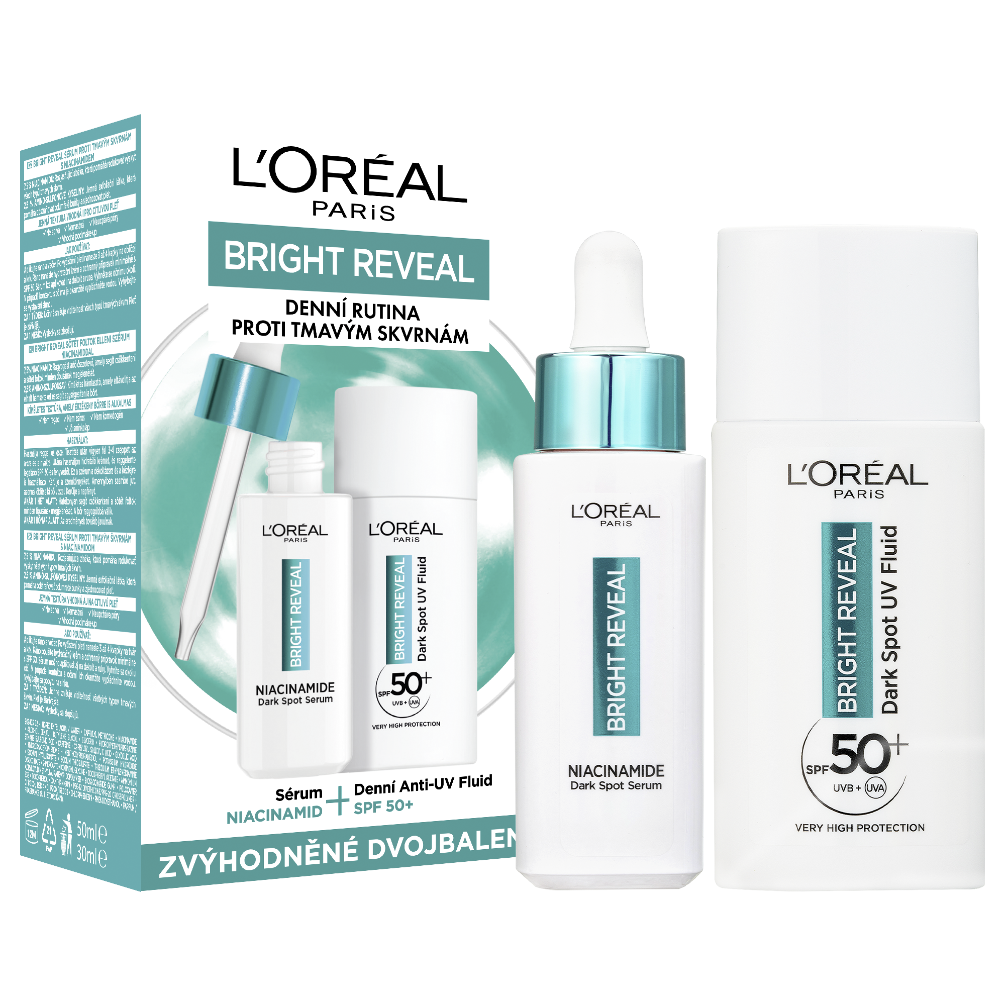 L'Oréal Paris Bright Reveal denní anti-UV fluid SPF 50+, 50 ml + Bright Reveal sérum, proti tmavým skvrnám s niacinamidem, 30 ml