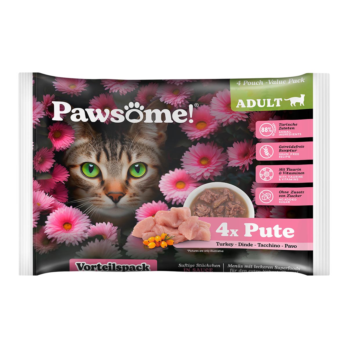 Pawsome Adult Flowpack krůtí maso, 4 × 85 g