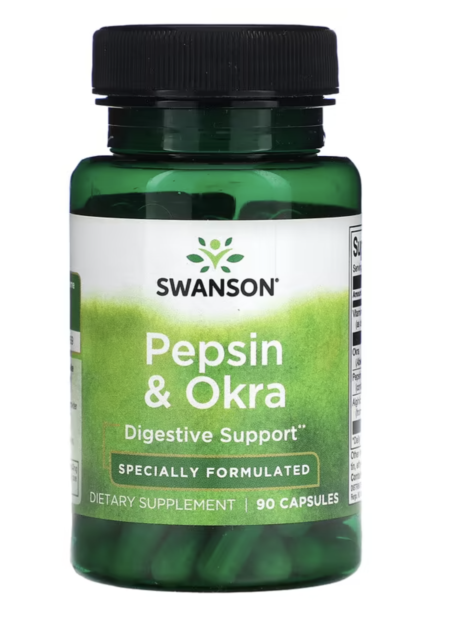 Swanson Pepsin&Okra, trávicí enzym s vlákninou, 90 kapslí