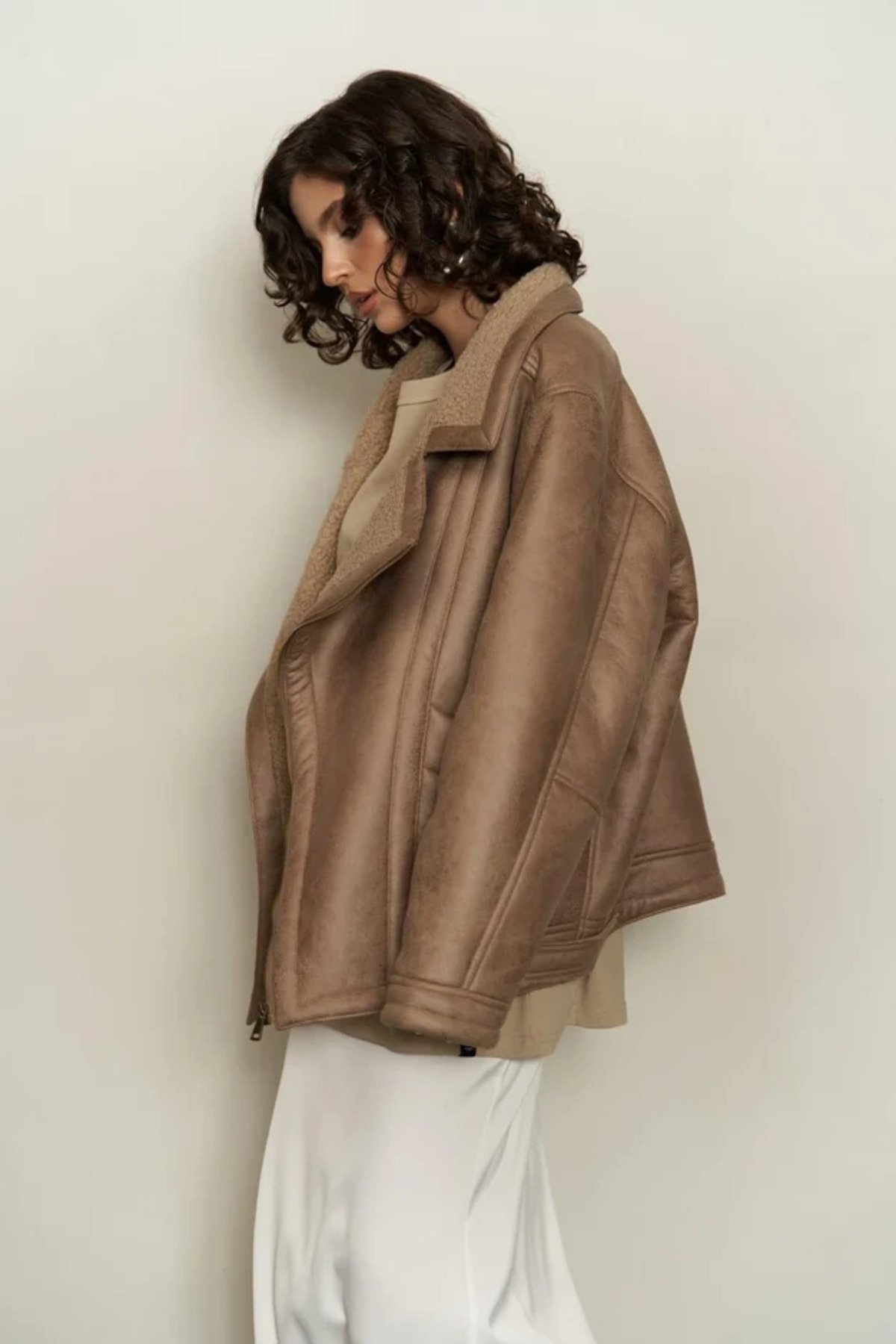 Laluvia Beige Shelby Shearling Leather Jacket