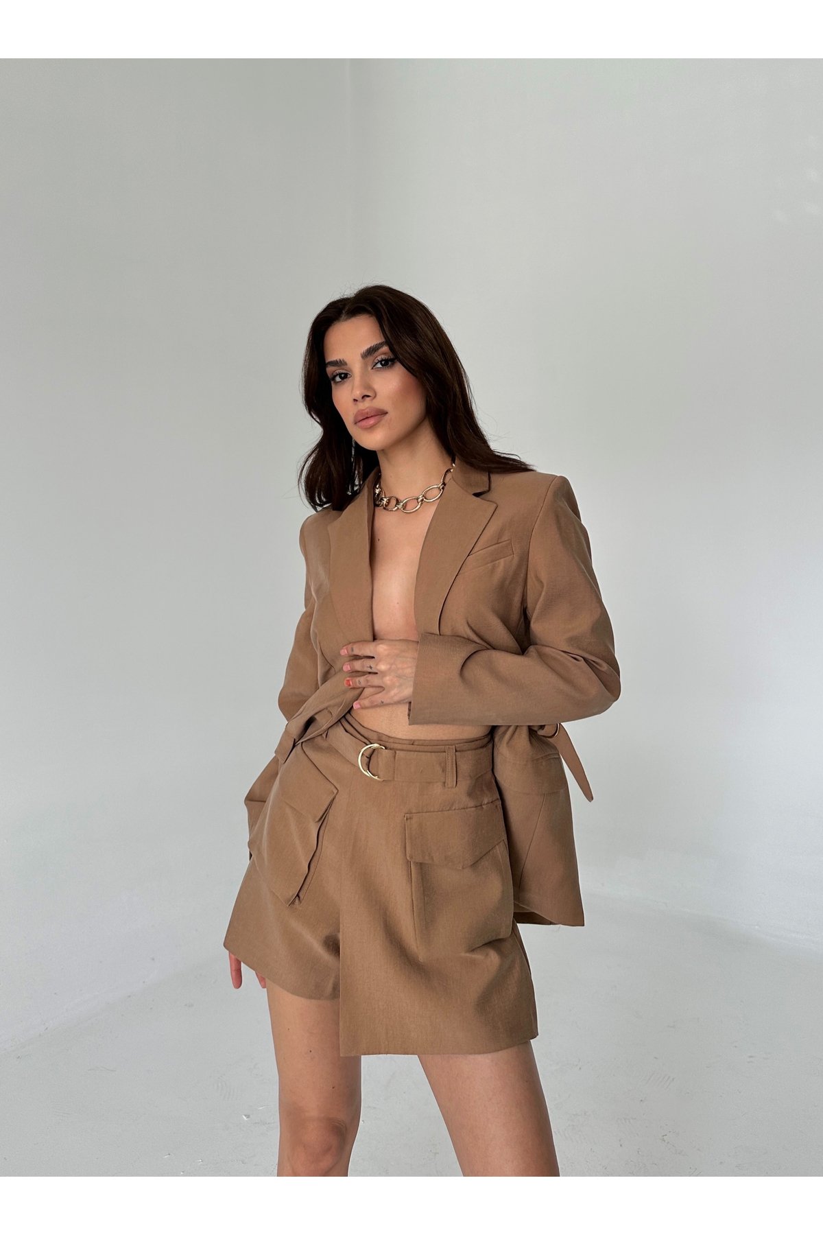 Laluvia Brown Double Breasted Blazer Jacket Wrapped Shorts Set