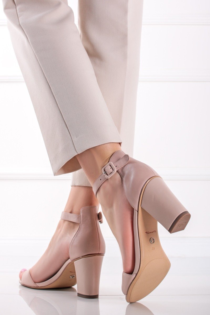 Světle růžové kožené sandály na hrubém podpatku 1-28326