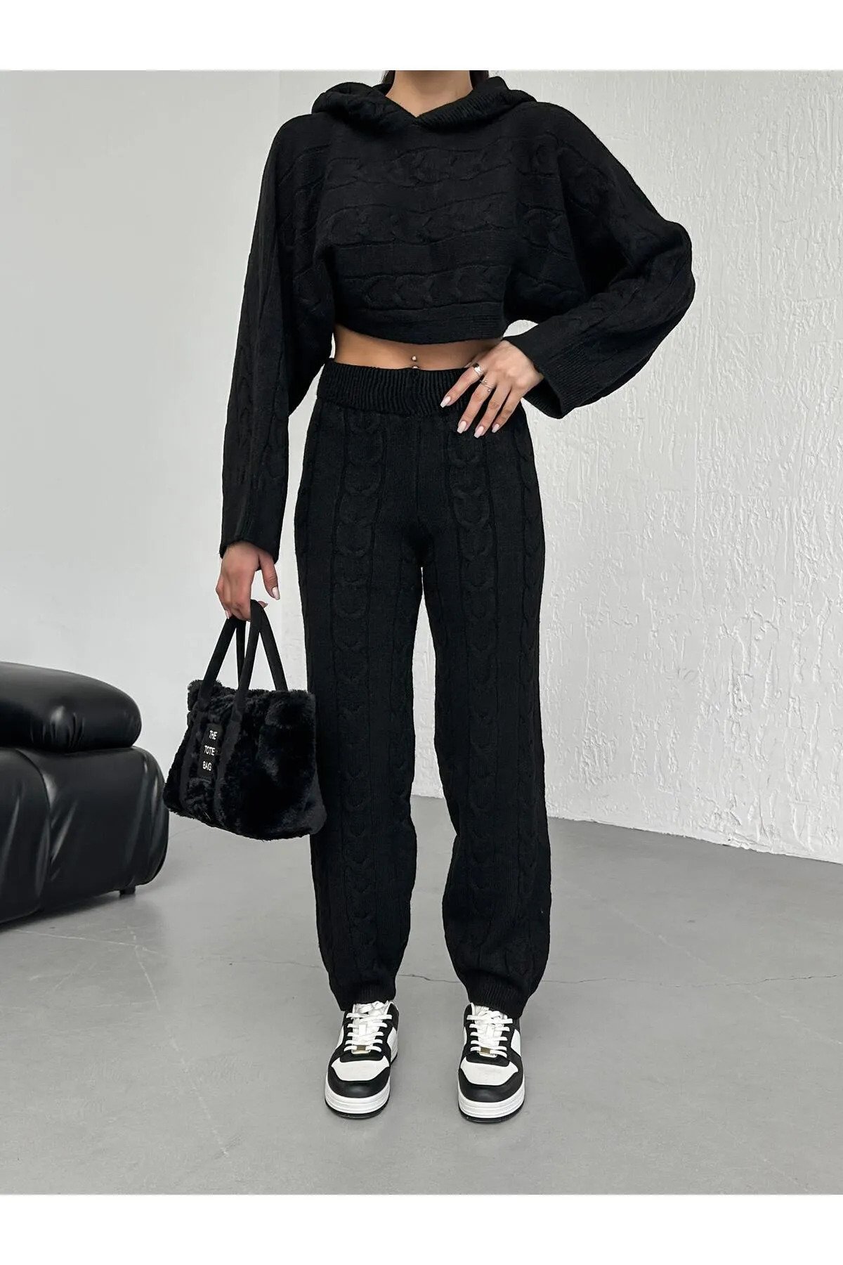 Laluvia Black Hooded Waist Leg Elastic Knitted Crop Knitwear Suit