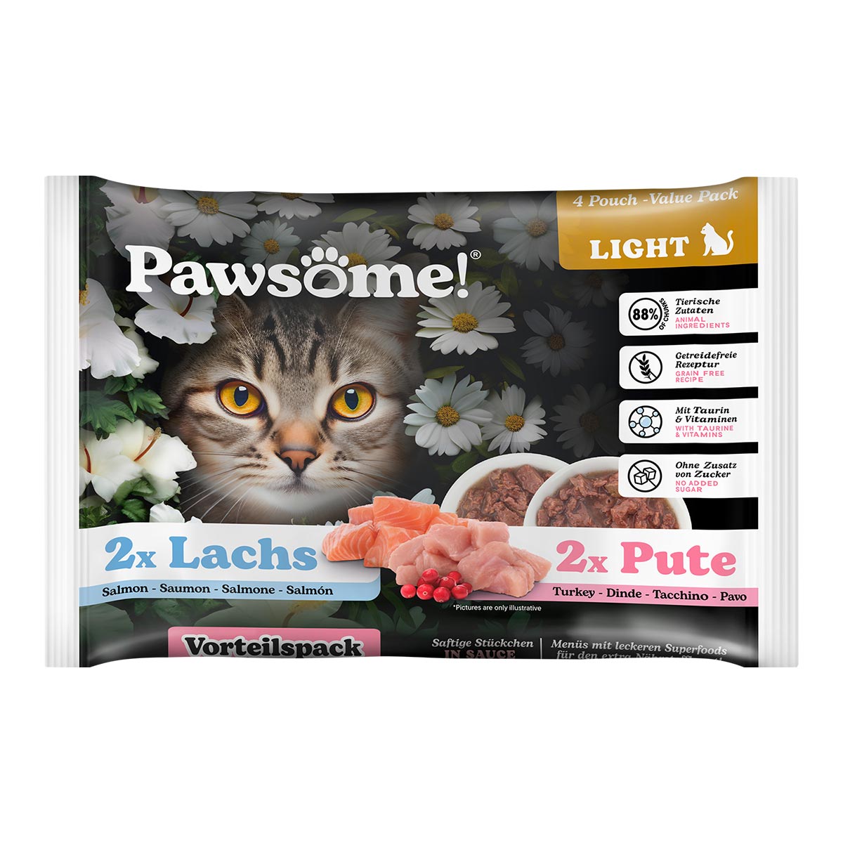 Pawsome Adult Light, krůtí a losos, Flowpack balení, 4 × 85 g