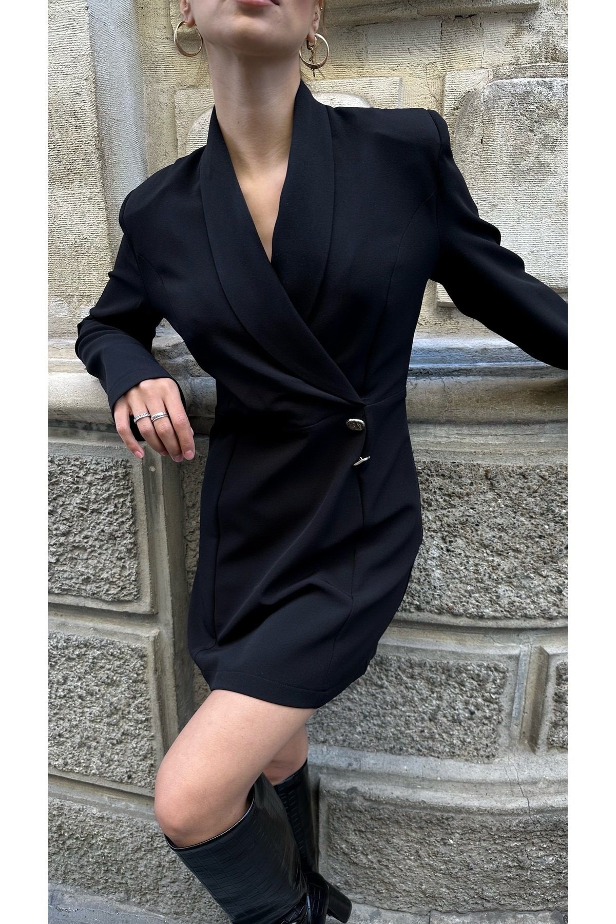 Laluvia Black Shawl Collar Mini Dress
