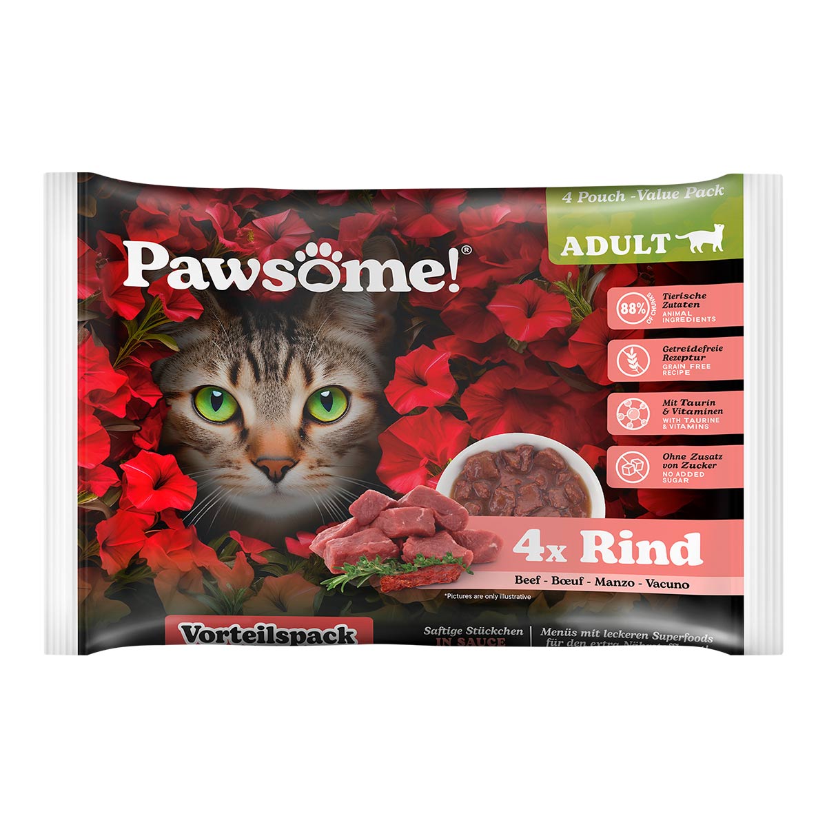 Pawsome Adult Flowpack hovězí maso, 4 × 85 g