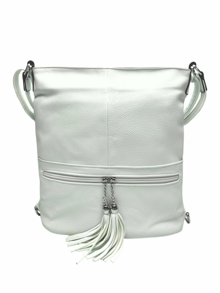 Stylový perleťově bílý kabelko-batoh 2v1 s třásněmi
