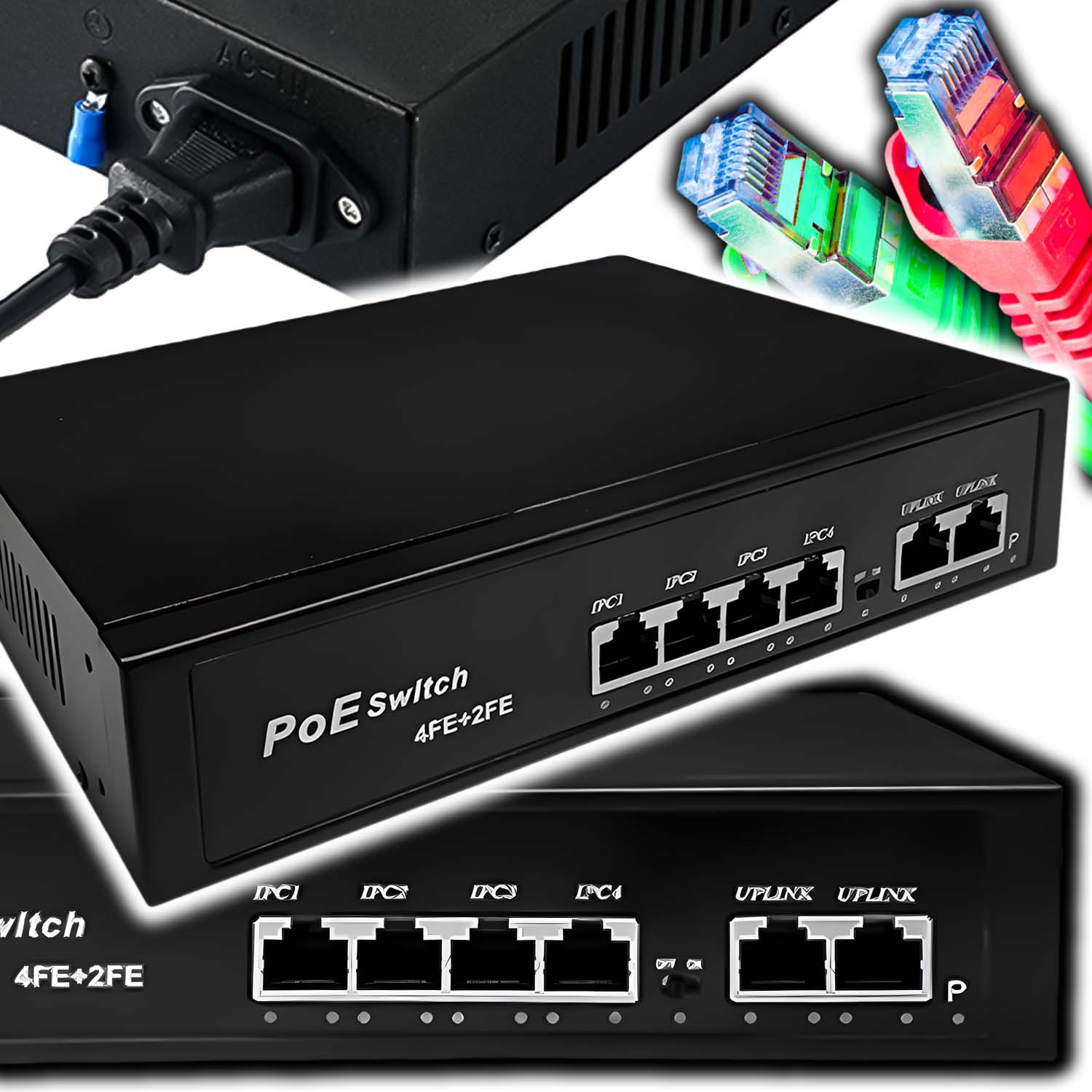 Switch Poe 4+2 4xPOE 2xUplink 10/100Mbps 65W PoE+ pro kamery funkce Extend