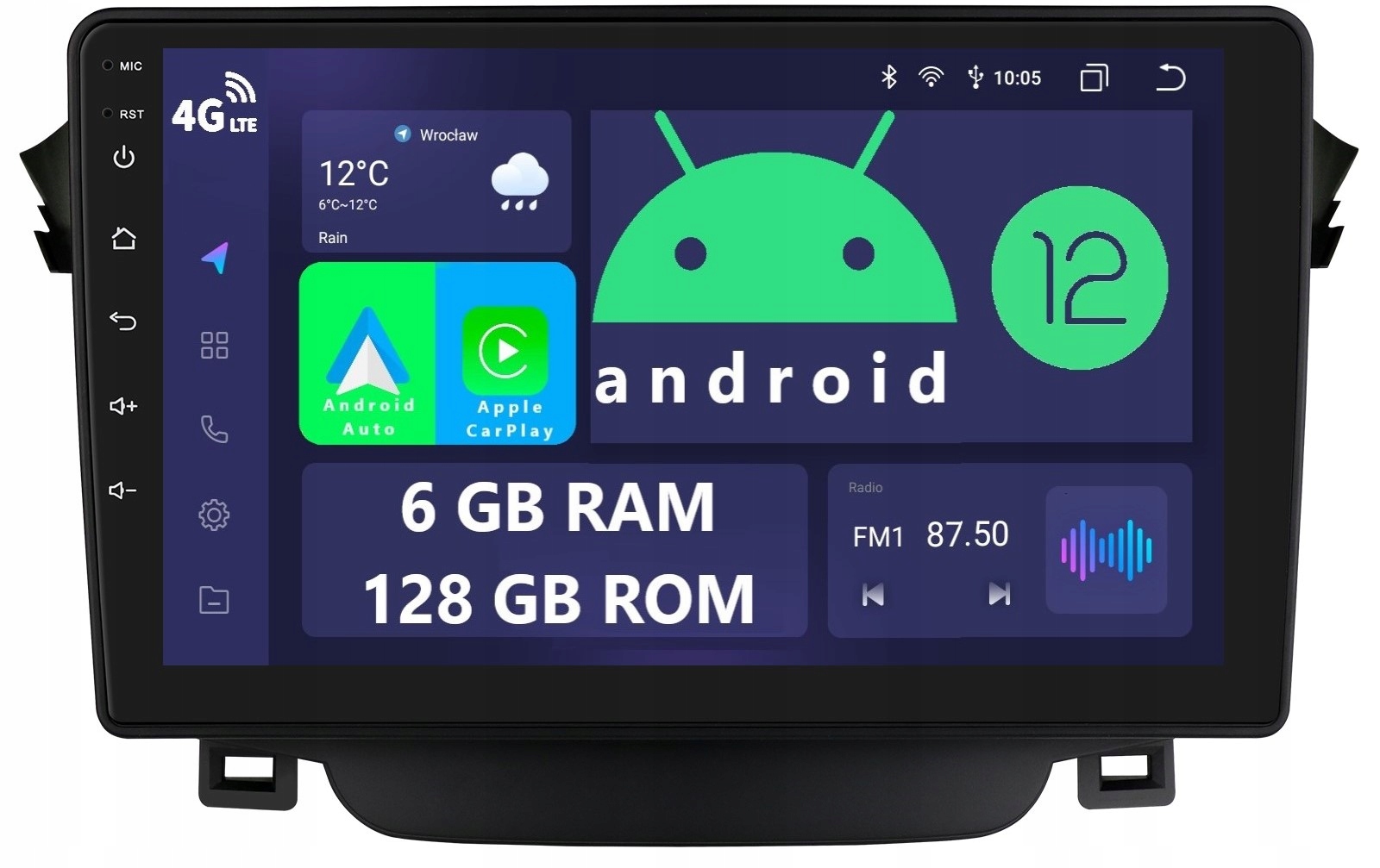 Radio 2DIN Navigace Android Hyundai I30 II 6/128 Gb Dsp Carplay Lte