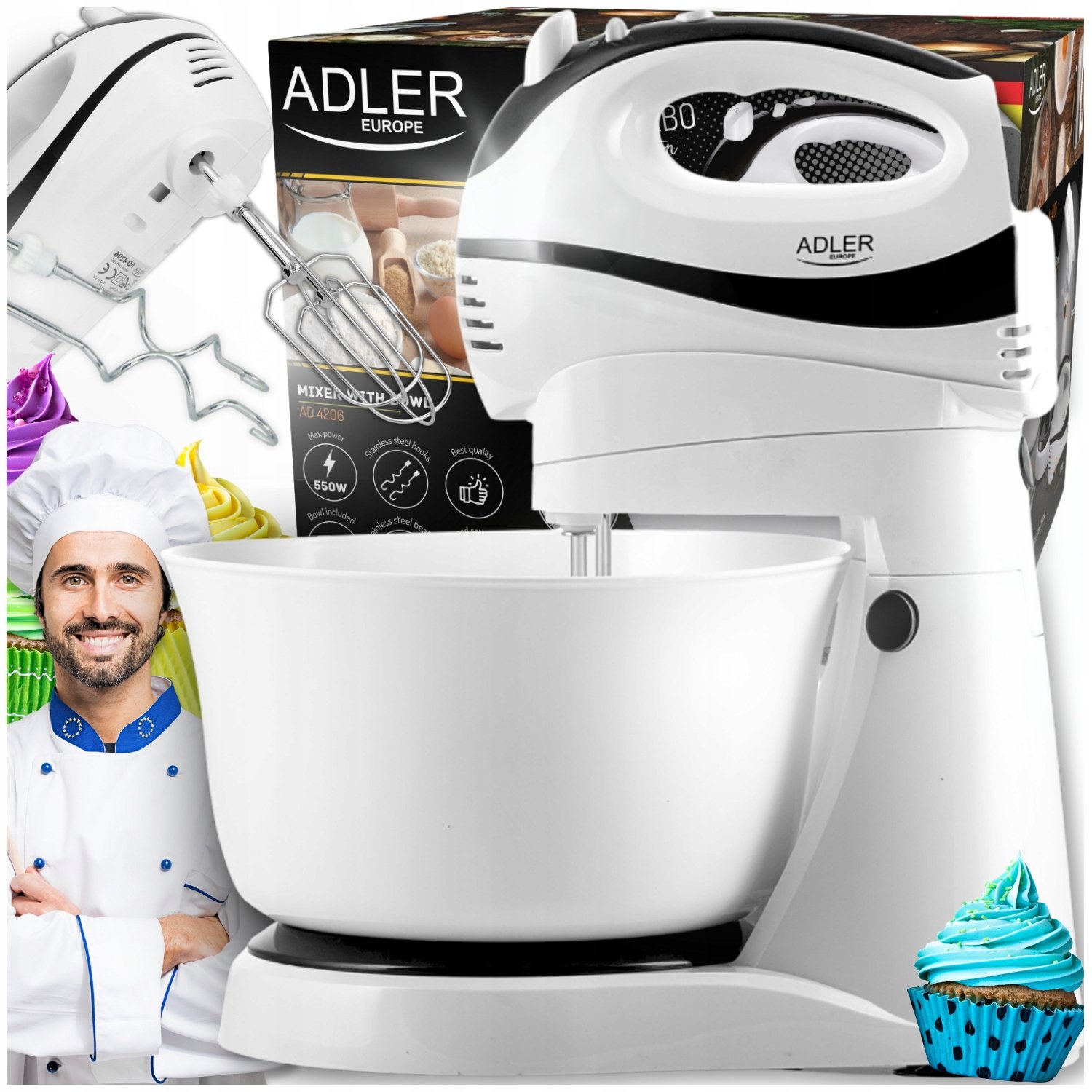 Kuchyňský Ruční Mixér S Otočnou Mísou 3,4L/550W Robot Odolná Konstrukce