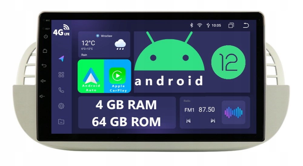 Navigace Radio 2DIN Android Fiat 500 4/64 Gb Dsp Carplay Lte Bílá
