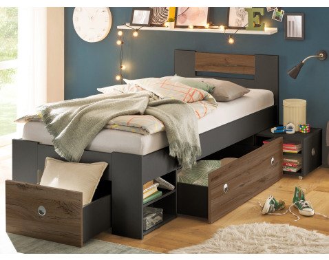 Postel s nočním stolkem Stefan 90x200 cm,  dub flagstaff/grafit