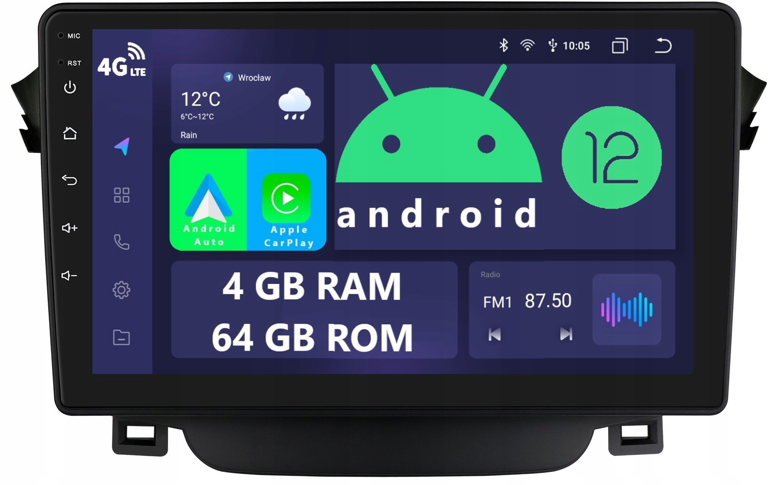 Radio 2DIN Navigace Android Hyundai I30 2 II 4/64 Gb Dsp Carplay Lte