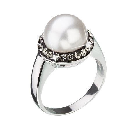 Evolution Group Stříbrný prsten s šedými krystaly Swarovski a bílou perlou 35021.3, Černá, , 56