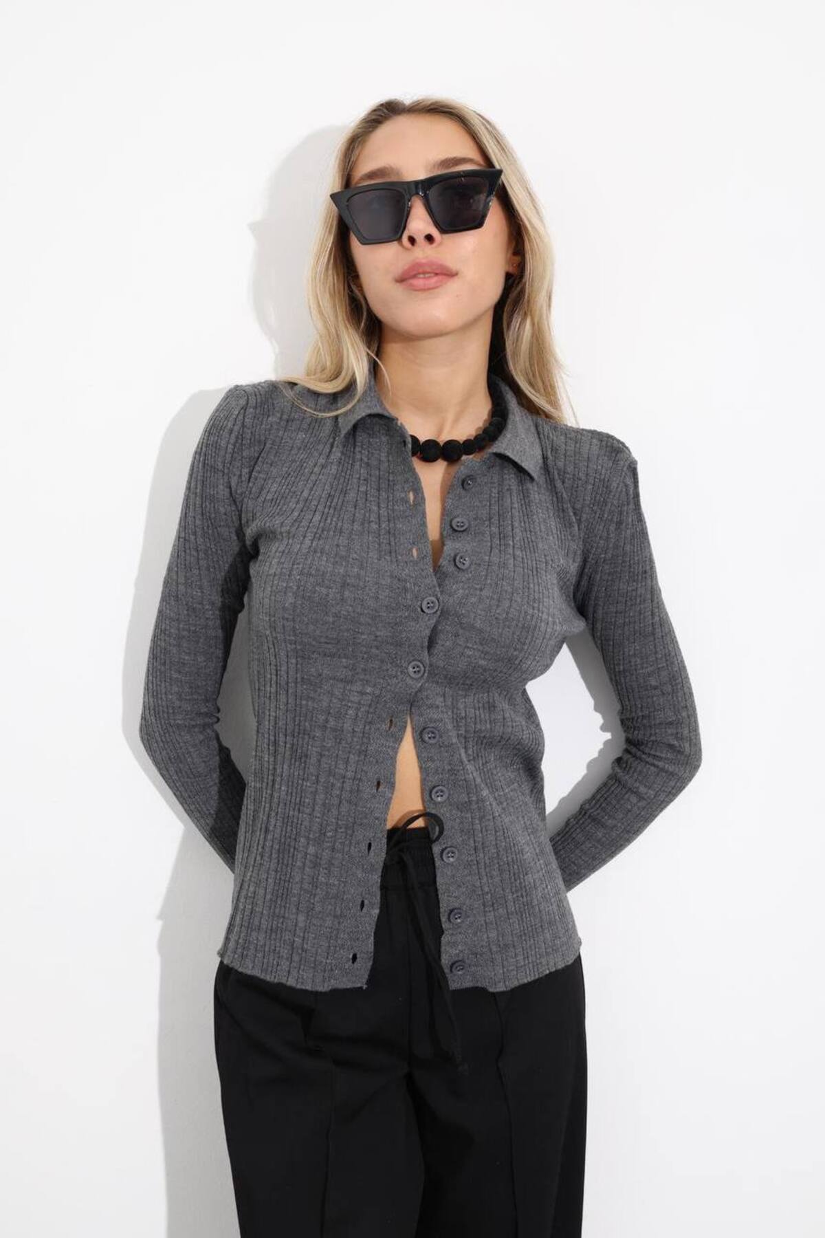 Laluvia Anthracite Polo Collar Buttoned Knitted Cardigan