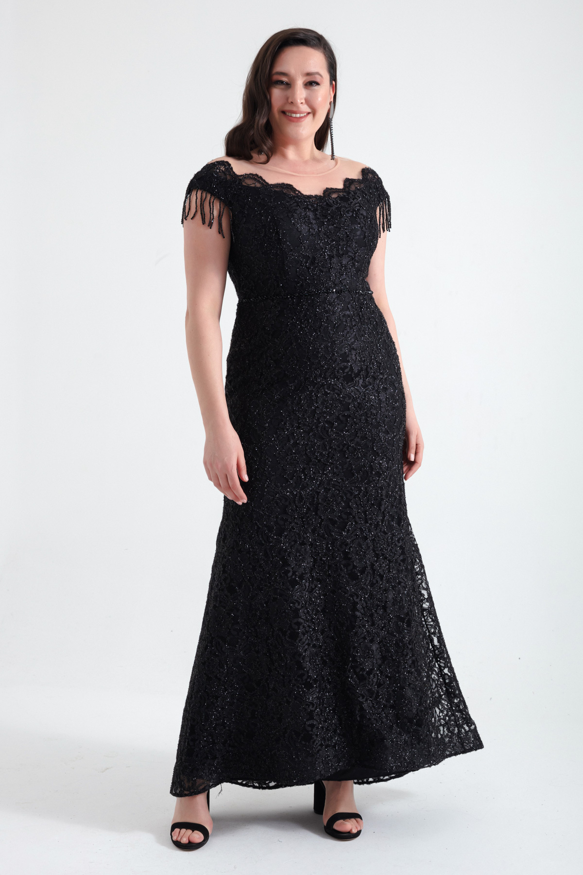 Lafaba Women's Black Laced Sleeves Beaded Plus Size Evening Dress