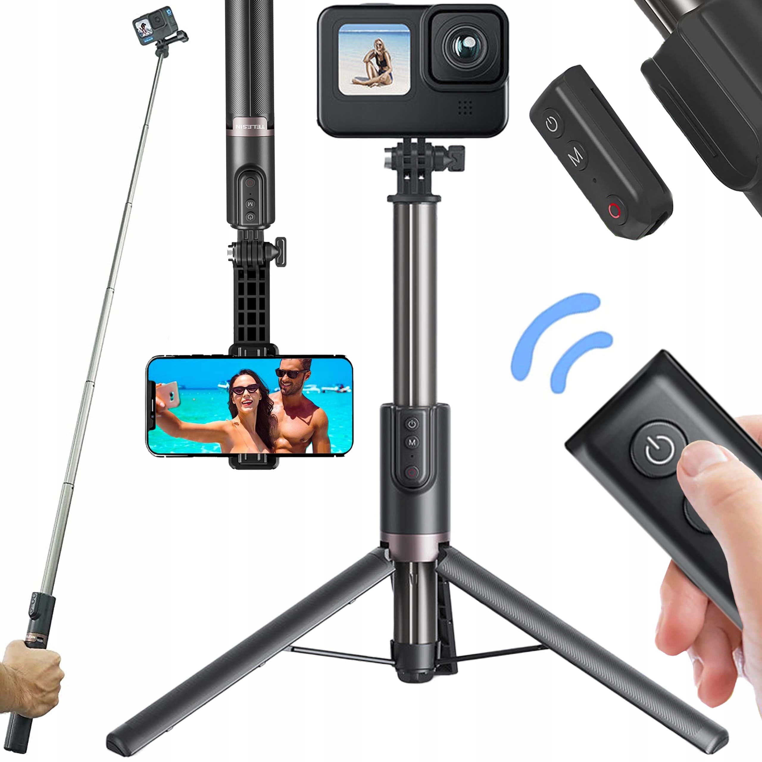 Selfie Tyč Telesin Stativem A Bt Dálkovým Ovládáním 130 CM Pro Kamery Gopro 12 11