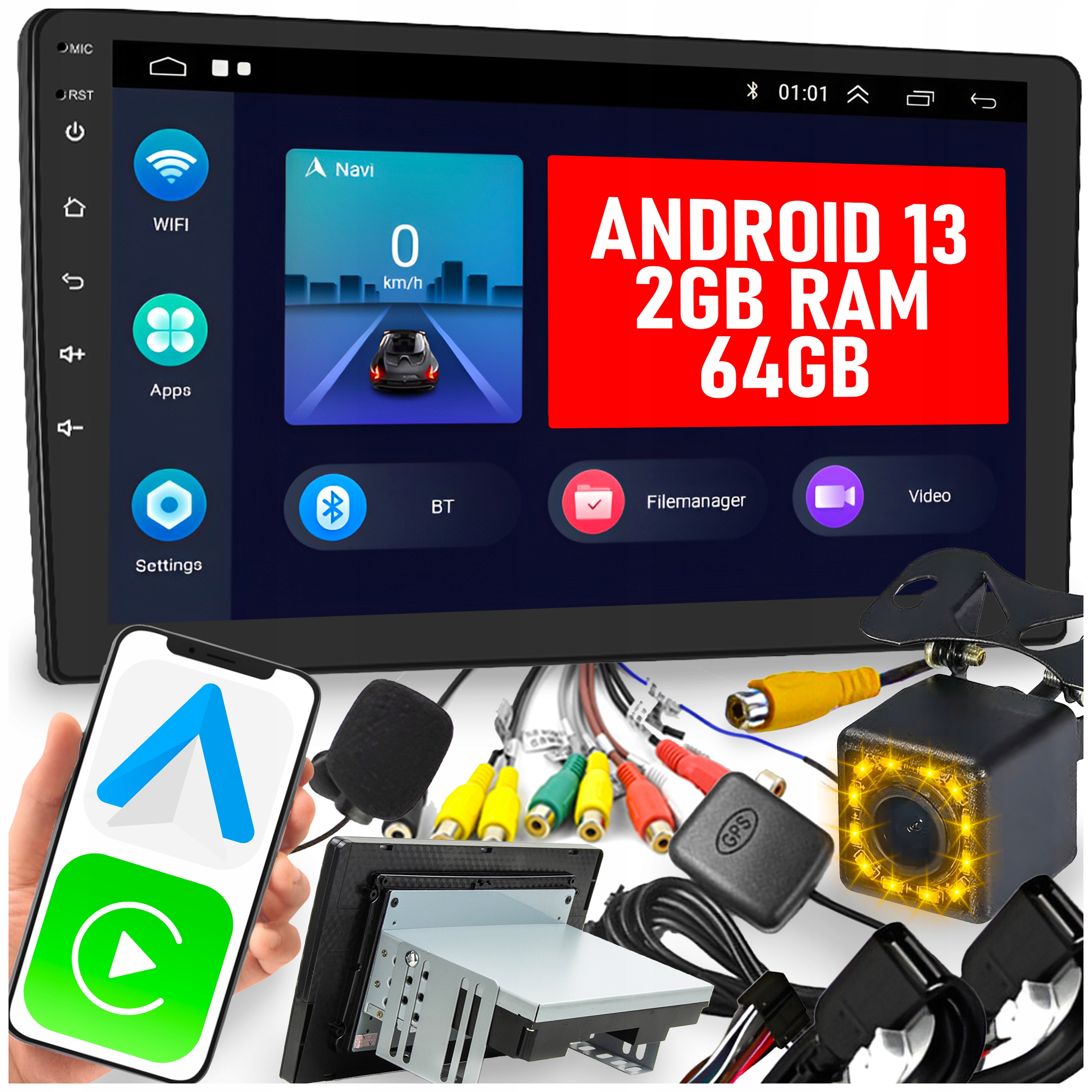 Autorádio 1 Din Android Auto Carplay Mirror Link 2GB/64GB Rds 10