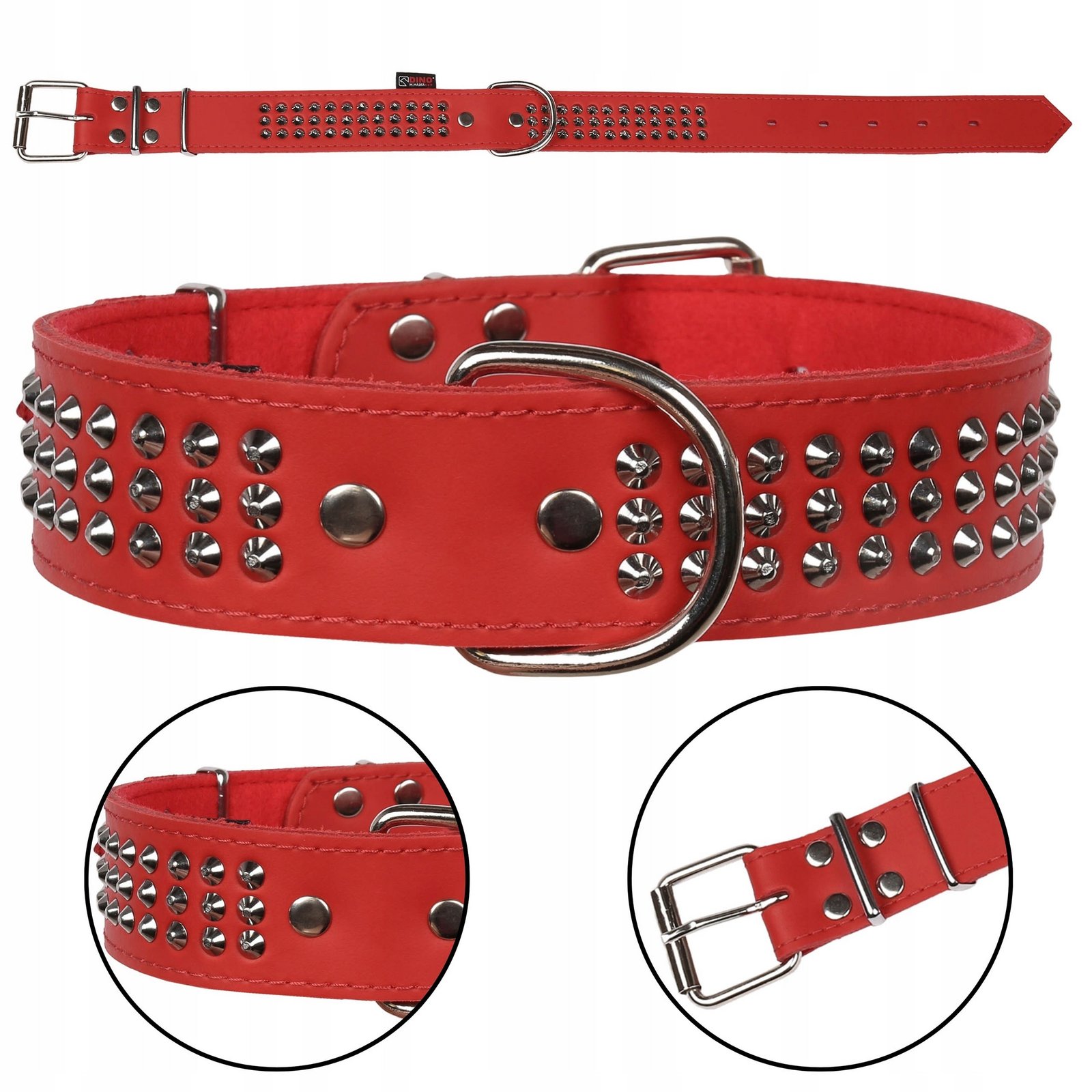 Červený, cvokovaný třířadý kožený obojek, obojek pro psa 40mm/67cm