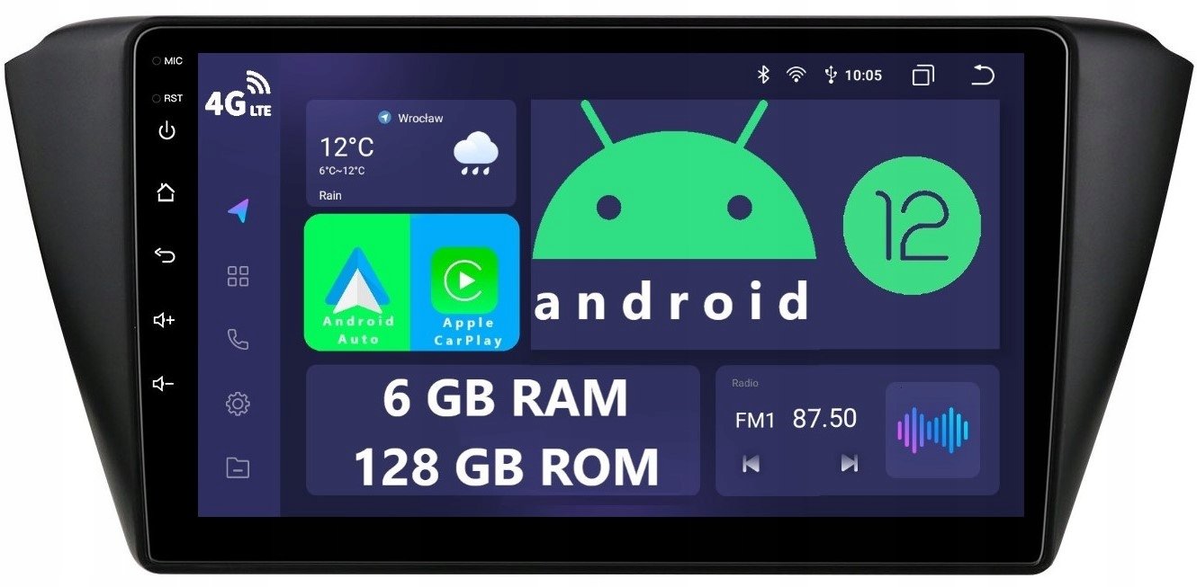 Radio 2DIN Navigace Android Škoda Fabia III 6/128 Gb Dsp Lte Carplay