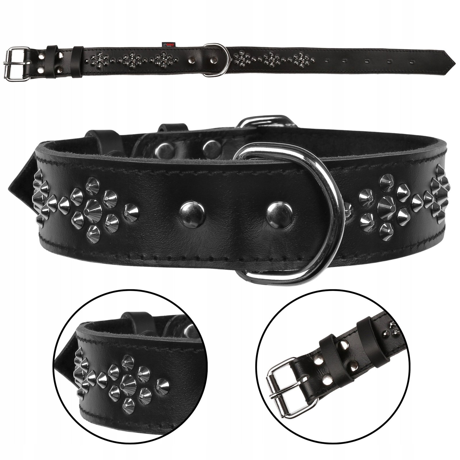 Černý kožený obojek s cvočky, obojek pro psa 40mm/67cm