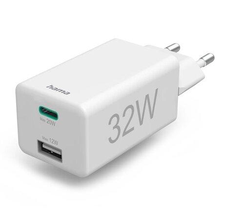 HAMA set: rychlá USB nabíječka USB-C PD/QC, USB-A, 32 W + kabel USB C-C 1 m