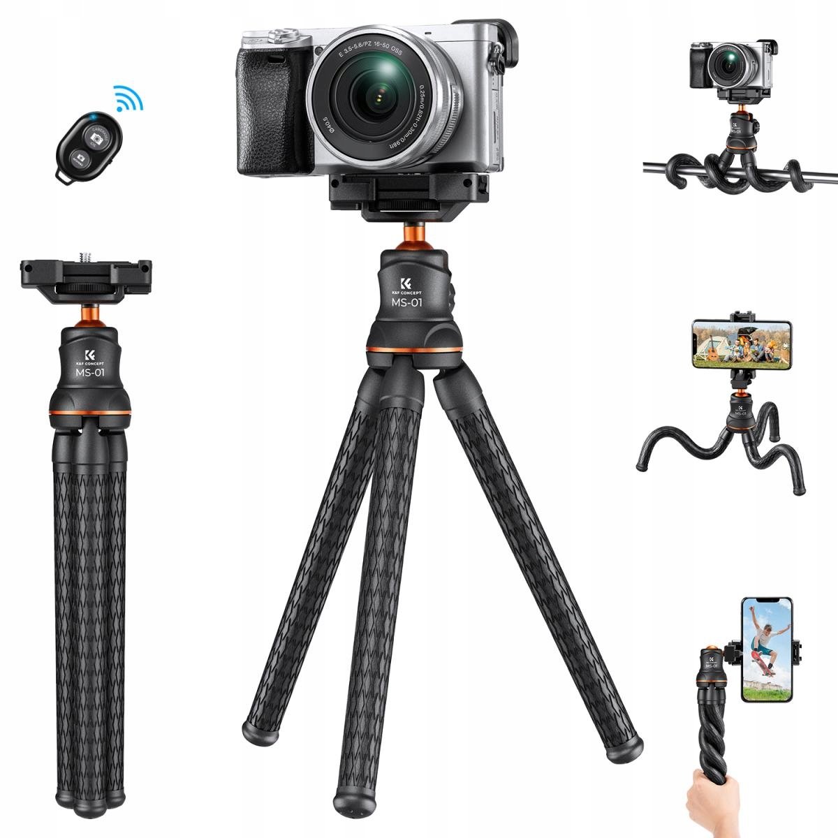 Ohebný flexibilní stativ K&f pro fotoaparát telefonu Tripod Bluetooth dálkové ovládání