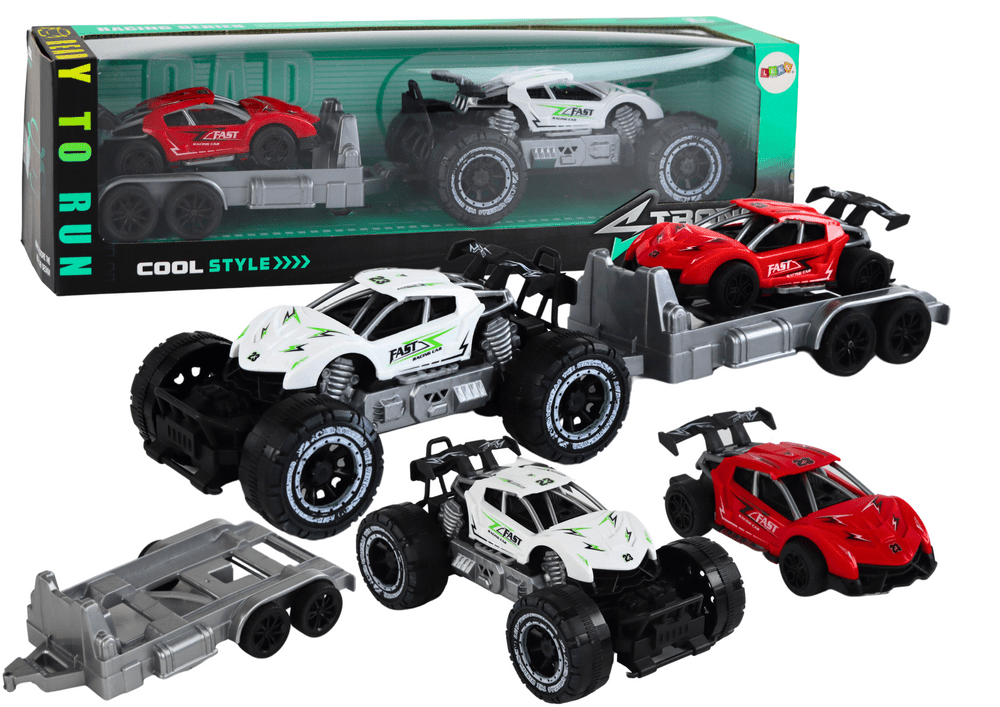 mamido Terénní auto s vlečným vozíkem a sportovním autíčkem bílé