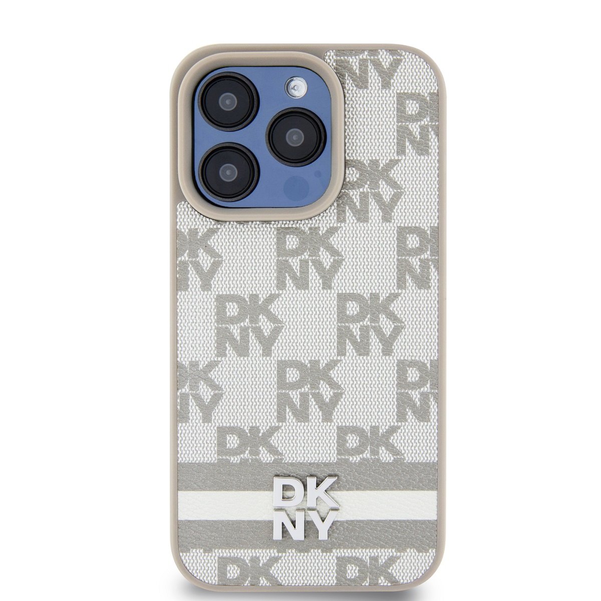 Zadní kryt DKNY PU Leather Checkered Pattern and Stripe pro Apple iPhone 15 Pro, béžová