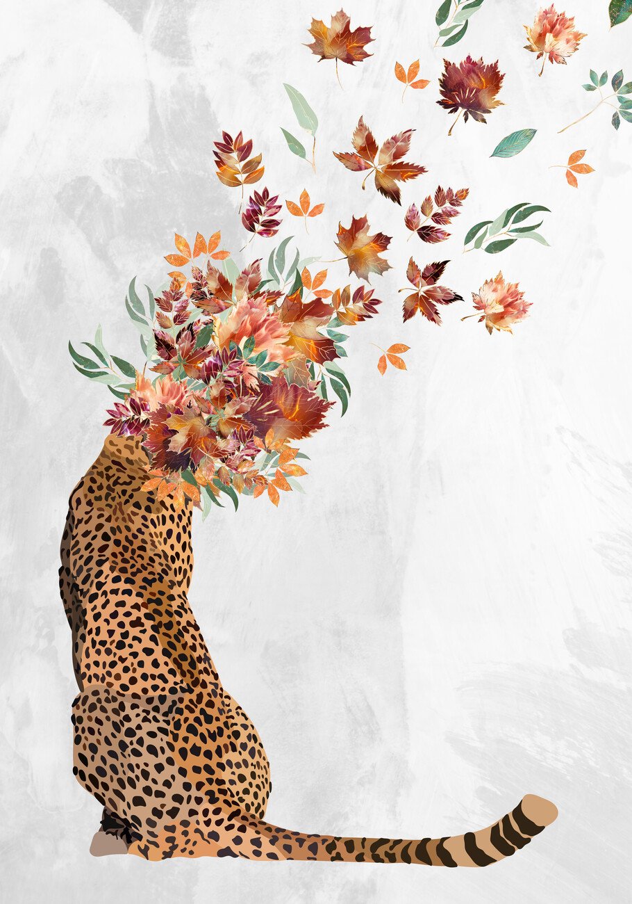 Sarah Manovski Ilustrace Cheetah Autumn Leaves Head, Sarah Manovski, (26.7 x 40 cm)