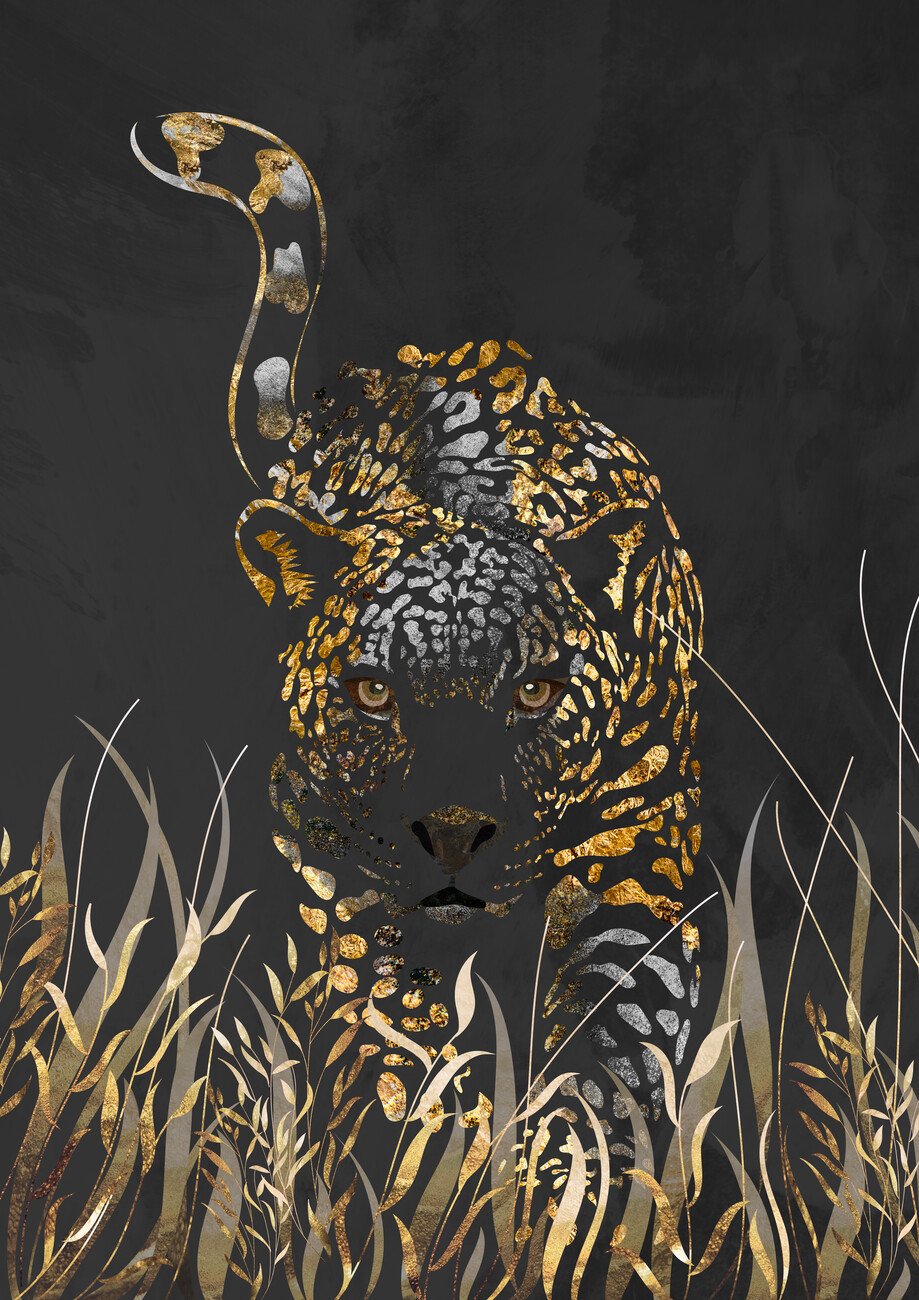 Sarah Manovski Ilustrace Black gold jaguar in grass, Sarah Manovski, (30 x 40 cm)