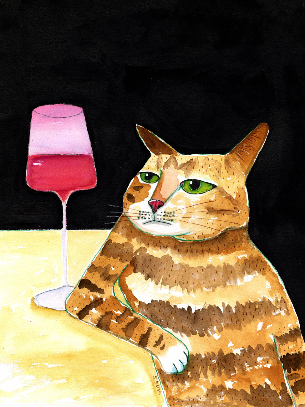 Sharyn Bursic Ilustrace Cat Friday Night Drinks Wine Funny Cat Humour, Sharyn Bursic, (30 x 40 cm)