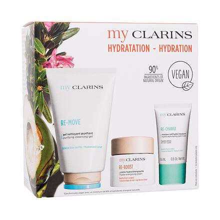 Clarins My Clarins Hydration dámský dárková sada čisticí gel Re-Move Purifying Cleansing Gel 125 ml + pleťový krém Re-Boost Hydra-Energizing Cream 50 ml + noční pleťová maska Re-Charge Hydra-Replumping Night Mask 15 ml pro ženy