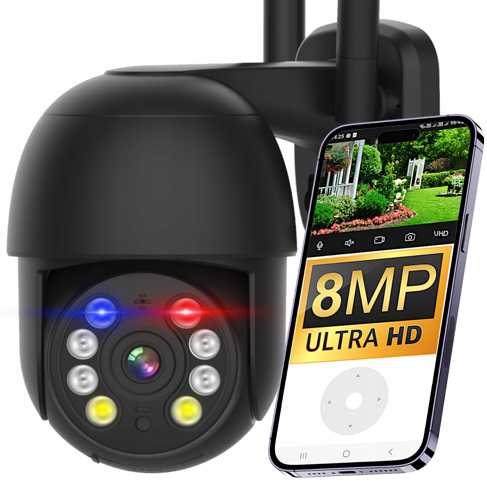 Venkovní otočná kamera WiFi Poliční Světlo 8MP Ultra Hd 8MPx Černá